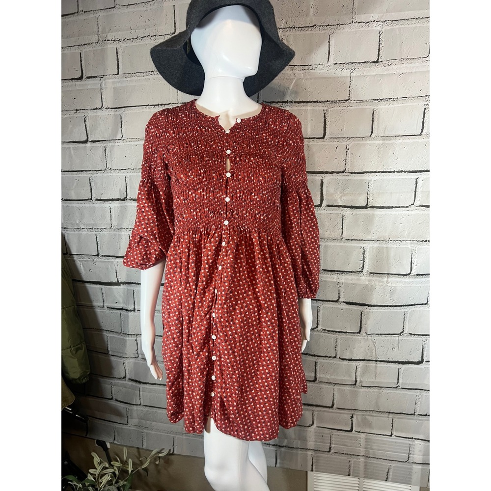 Madewell Floral Smocked Button Front Mini Dress Rust Red Small 3/4 Sleeve